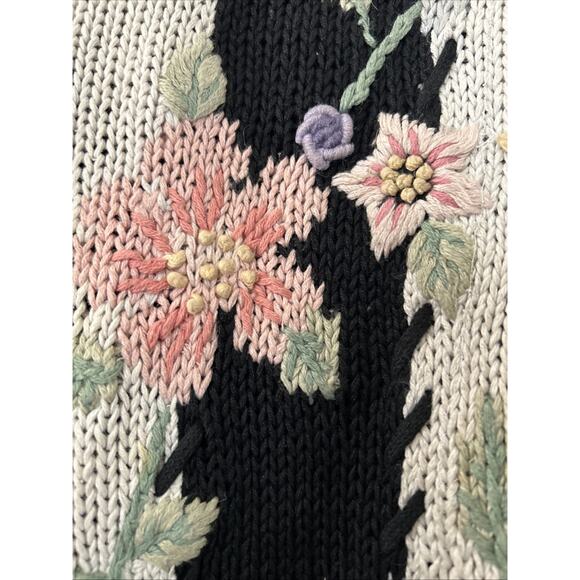 Vintage Maggie Lawrence Cardigan 80s Black Knit Flower Sweater Medium Read - Picture 9 of 16